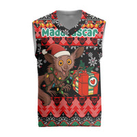 Madagascar Christmas Knitted V-Neck Vest with Aye Aye Lemur Santa Hat Holiday Lights and Gift Box Pattern - Wonder Print Shop