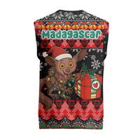 Madagascar Christmas Knitted V-Neck Vest with Aye Aye Lemur Santa Hat Holiday Lights and Gift Box Pattern - Wonder Print Shop