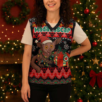 Madagascar Christmas Knitted V-Neck Vest with Aye Aye Lemur Santa Hat Holiday Lights and Gift Box Pattern - Wonder Print Shop