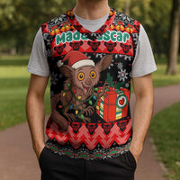 Madagascar Christmas Knitted V-Neck Vest with Aye Aye Lemur Santa Hat Holiday Lights and Gift Box Pattern - Wonder Print Shop