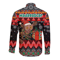 Madagascar Christmas Long Sleeve Button Shirt with Aye Aye Lemur Santa Hat Holiday Lights and Gift Box Pattern - Wonder Print Shop