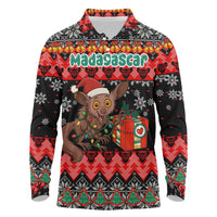 Madagascar Christmas Long Sleeve Polo Shirt with Aye Aye Lemur Santa Hat Holiday Lights and Gift Box Pattern - Wonder Print Shop
