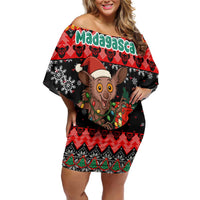 Madagascar Christmas Off Shoulder Short Dress with Aye Aye Lemur Santa Hat Holiday Lights and Gift Box Pattern - Wonder Print Shop