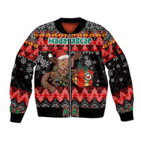 Madagascar Christmas Sleeve Zip Bomber Jacket with Aye Aye Lemur Santa Hat Holiday Lights and Gift Box Pattern - Wonder Print Shop