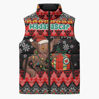 Madagascar Christmas Sleeveless Puffer Jacket with Aye Aye Lemur Santa Hat Holiday Lights and Gift Box Pattern - Wonder Print Shop