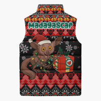 Madagascar Christmas Sleeveless Puffer Jacket with Aye Aye Lemur Santa Hat Holiday Lights and Gift Box Pattern - Wonder Print Shop