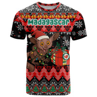 Madagascar Christmas T Shirt with Aye Aye Lemur Santa Hat Holiday Lights and Gift Box Pattern - Wonder Print Shop