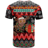 Madagascar Christmas T Shirt with Aye Aye Lemur Santa Hat Holiday Lights and Gift Box Pattern - Wonder Print Shop