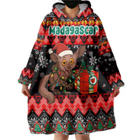 Madagascar Christmas Wearable Blanket Hoodie with Aye Aye Lemur Santa Hat Holiday Lights and Gift Box Pattern - Wonder Print Shop