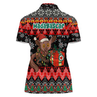 Madagascar Christmas Women Polo Shirt with Aye Aye Lemur Santa Hat Holiday Lights and Gift Box Pattern - Wonder Print Shop