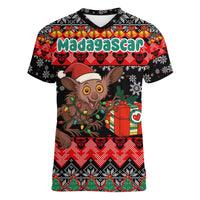 Madagascar Christmas Women V-Neck T-Shirt with Aye Aye Lemur Santa Hat Holiday Lights and Gift Box Pattern - Wonder Print Shop