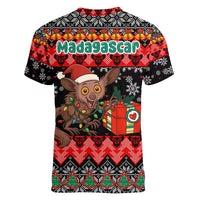 Madagascar Christmas Women V-Neck T-Shirt with Aye Aye Lemur Santa Hat Holiday Lights and Gift Box Pattern - Wonder Print Shop