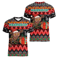 Madagascar Christmas Women V-Neck T-Shirt with Aye Aye Lemur Santa Hat Holiday Lights and Gift Box Pattern - Wonder Print Shop