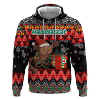 Madagascar Christmas Zip Hoodie with Aye Aye Lemur Santa Hat Holiday Lights and Gift Box Pattern - Wonder Print Shop