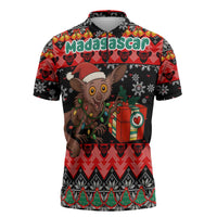 Madagascar Christmas Zipper Polo Shirt with Aye Aye Lemur Santa Hat Holiday Lights and Gift Box Pattern - Wonder Print Shop