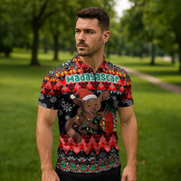 Madagascar Christmas Zipper Polo Shirt with Aye Aye Lemur Santa Hat Holiday Lights and Gift Box Pattern - Wonder Print Shop
