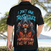 Black short-sleeve button-up Hawaiian shirt with large skull and text graphic on back.