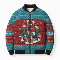 Christmas Guitar Bomber Puffer Jacket with Santa Hats Trees Snowflakes and Musical Pattern - Wonder Print Shop