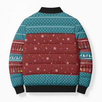 Christmas Guitar Bomber Puffer Jacket with Santa Hats Trees Snowflakes and Musical Pattern - Wonder Print Shop