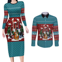 Christmas Guitar Couples Matching Long Sleeve Bodycon Dress and Long Sleeve Button Shirt with Santa Hats Trees Snowflakes and Musical Pattern - Wonder Print Shop