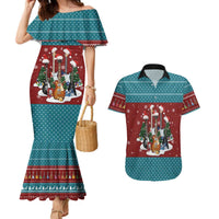 Christmas Guitar Couples Matching Mermaid Dress and Hawaiian Shirt with Santa Hats Trees Snowflakes and Musical Pattern - Wonder Print Shop