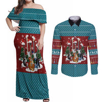Christmas Guitar Couples Matching Off Shoulder Maxi Dress and Long Sleeve Button Shirt with Santa Hats Trees Snowflakes and Musical Pattern - Wonder Print Shop