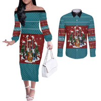 Christmas Guitar Couples Matching Off The Shoulder Long Sleeve Dress and Long Sleeve Button Shirt with Santa Hats Trees Snowflakes and Musical Pattern - Wonder Print Shop