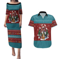 Christmas Guitar Couples Matching Puletasi and Hawaiian Shirt with Santa Hats Trees Snowflakes and Musical Pattern - Wonder Print Shop