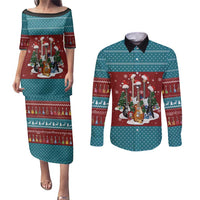 Christmas Guitar Couples Matching Puletasi and Long Sleeve Button Shirt with Santa Hats Trees Snowflakes and Musical Pattern - Wonder Print Shop
