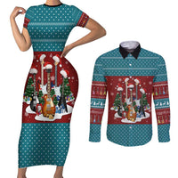 Christmas Guitar Couples Matching Short Sleeve Bodycon Dress and Long Sleeve Button Shirt with Santa Hats Trees Snowflakes and Musical Pattern - Wonder Print Shop