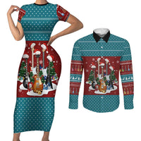 Christmas Guitar Couples Matching Short Sleeve Bodycon Dress and Long Sleeve Button Shirt with Santa Hats Trees Snowflakes and Musical Pattern - Wonder Print Shop