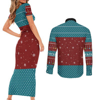 Christmas Guitar Couples Matching Short Sleeve Bodycon Dress and Long Sleeve Button Shirt with Santa Hats Trees Snowflakes and Musical Pattern - Wonder Print Shop