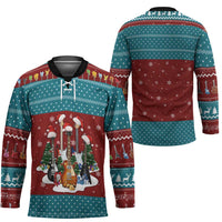 Christmas Guitar Hockey Jersey with Santa Hats Trees Snowflakes and Musical Pattern - Wonder Print Shop