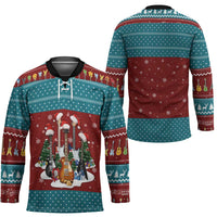 Christmas Guitar Hockey Jersey with Santa Hats Trees Snowflakes and Musical Pattern - Wonder Print Shop