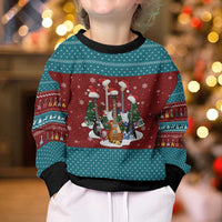 Christmas Guitar Kid Ugly Christmas Sweater with Santa Hats Trees Snowflakes and Musical Pattern - Wonder Print Shop