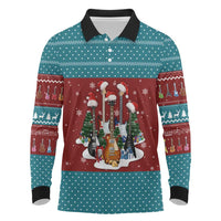 Christmas Guitar Long Sleeve Polo Shirt with Santa Hats Trees Snowflakes and Musical Pattern - Wonder Print Shop