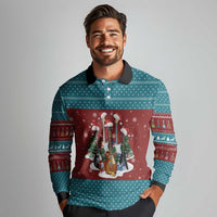 Christmas Guitar Long Sleeve Polo Shirt with Santa Hats Trees Snowflakes and Musical Pattern - Wonder Print Shop