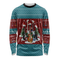 Christmas Guitar Long Sleeve Shirt with Santa Hats Trees Snowflakes and Musical Pattern - Wonder Print Shop