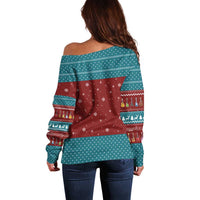 Christmas Guitar Off Shoulder Sweater with Santa Hats Trees Snowflakes and Musical Pattern - Wonder Print Shop