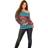 Christmas Guitar Off Shoulder Sweater with Santa Hats Trees Snowflakes and Musical Pattern - Wonder Print Shop