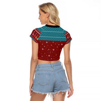 Christmas Guitar Raglan Cropped T Shirt with Santa Hats Trees Snowflakes and Musical Pattern - Wonder Print Shop