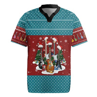 Christmas Guitar Rugby Jersey with Santa Hats Trees Snowflakes and Musical Pattern - Wonder Print Shop