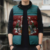 Christmas Guitar Sleeveless Puffer Jacket with Santa Hats Trees Snowflakes and Musical Pattern - Wonder Print Shop