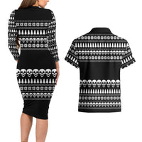 Creepy Christmas Couples Matching Long Sleeve Bodycon Dress and Hawaiian Shirt with Skulls Trees and Gothic Holiday Pattern - Wonder Print Shop