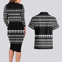 Creepy Christmas Couples Matching Long Sleeve Bodycon Dress and Hawaiian Shirt with Skulls Trees and Gothic Holiday Pattern - Wonder Print Shop
