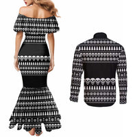 Creepy Christmas Couples Matching Mermaid Dress and Long Sleeve Button Shirt with Skulls Trees and Gothic Holiday Pattern - Wonder Print Shop