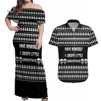 Creepy Christmas Couples Matching Off Shoulder Maxi Dress and Hawaiian Shirt with Skulls Trees and Gothic Holiday Pattern - Wonder Print Shop