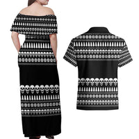 Creepy Christmas Couples Matching Off Shoulder Maxi Dress and Hawaiian Shirt with Skulls Trees and Gothic Holiday Pattern - Wonder Print Shop
