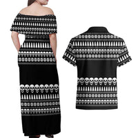 Creepy Christmas Couples Matching Off Shoulder Maxi Dress and Hawaiian Shirt with Skulls Trees and Gothic Holiday Pattern - Wonder Print Shop