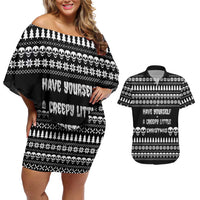 Creepy Christmas Couples Matching Off Shoulder Short Dress and Hawaiian Shirt with Skulls Trees and Gothic Holiday Pattern - Wonder Print Shop